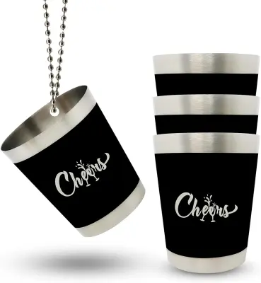 Kozarci za šilce Cheers iz nerjavečega jekla, set 4 kosov z verižico, črni, 40 ml, za zabave, festivale in dekliščine