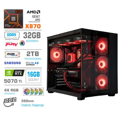 Računalnik MEGA MT S5 R7-9850X3D/RTX5070Ti/32GB-DDR5/2TB/1050W/Brez OS/črna RGB + Estetski napajalni kabli [Rdeča/ Črna]