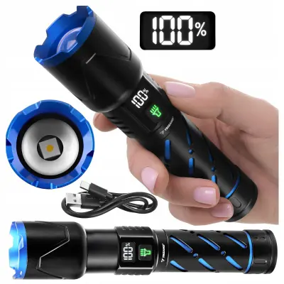 Alu. LED taktična ročna svetilka aku. 5000mAh 800lm ZOOM LCD USB