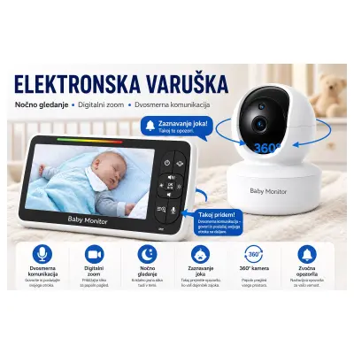Otroška varuška – Velik 5" zaslon s 30-urno avtonomijo baterije – Daljinsko upravljanje (vrtljivost, nagib, povečava); Brez Wi-Fi, dvosmerni zv