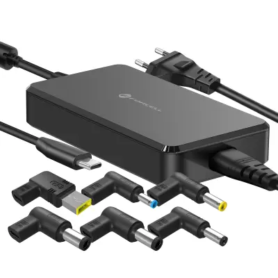Forcell, Omrežni polnilnik za računalnik USB-C PD 90W s 6 zamenljivimi DC konicami, Črna