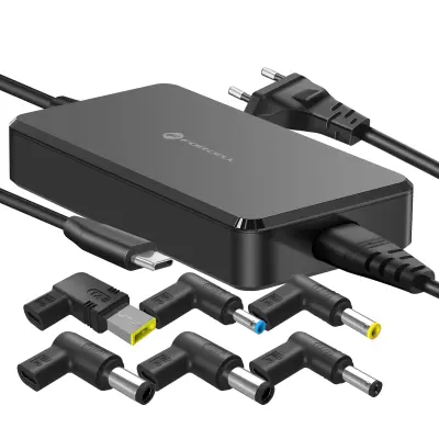 Forcell, Omrežni polnilnik za računalnik USB-C PD 65W s 6 zamenljivimi DC konicami, Črna