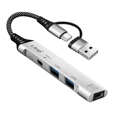 LinQ, USB USB-C 4-v-1 zvezdišče z 2x USB 2.0 in 2x USB-C avdio in sinhronizacijo, Siva