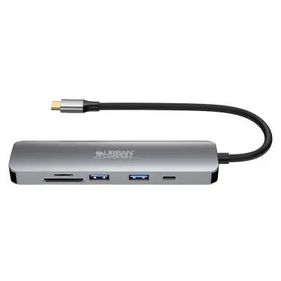 URBAN FACTORY, 6-v-1 večvratni hub USB-C HDMI / 2USB-A / USB-C / čitalniki kartic SD Micro SD, Črna / Srebrna