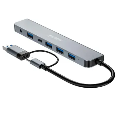 URBAN FACTORY, Hub MINEE USB-A/C s 7 vrati za večkratno priključitev Ultra-hiter USB 3.0 15 cm, Siva