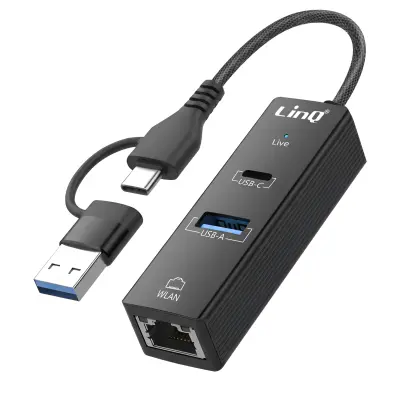 LinQ, USB USB-C 3-v-1 zvezdišče z USB 2.0 / USB-C Power Delivery / Ethernet RJ45, Črna