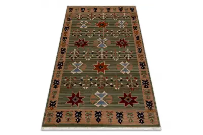 Volnena preproga KESHAN Čopki, etnični, orientalski 1250/53565 zelena / oranžna 120x145 cm