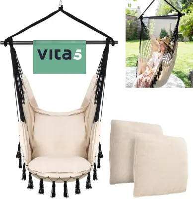 Viseči stol za zunanjo uporabo VITA5, bel bombaž, vključno z dvema blazinama, jeklena palica, nosilnost 150 kg, boho stil