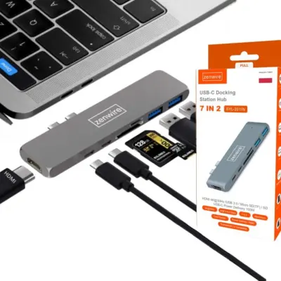 ZENWIRE 7-v-1 USB‑C hub adapter za MacBook (M1/M2/M3) – HDMI 4K, Thunderbolt 3, 2x USB 3.0, SD/microSD, USB‑C prenos podatkov BYL‑2011N