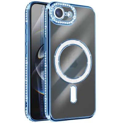 Ovitek za iPhone 16e, združljiv z MagSafe, z obrobo iz okrasnih kamnov, Modra