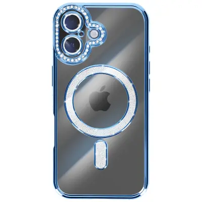 Ovitek za iPhone 17, združljiv z MagSafe, z okrasnim obodom iz kristalov, Svetlo modra