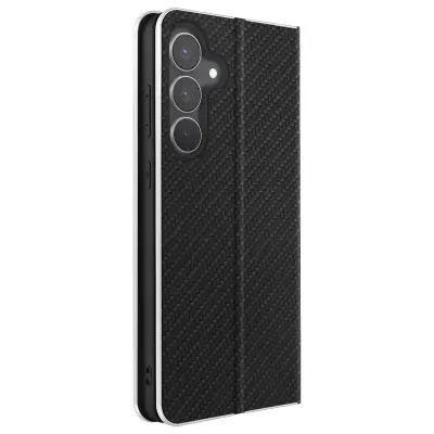Folio torbica za Galaxy S25 FE, efekt karbona, kovinski okvir z držalom za kartice, Črna