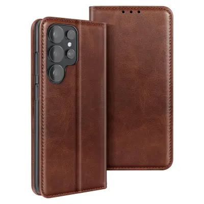 Folio denarnica ovitek za Galaxy S26 Ultra efekt usnja z video stojalom, Temno rjava