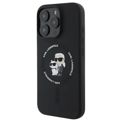 Karl Lagerfeld, Ovitek za iPhone 16 Pro MagSafe, odporen na udarce, z motivom Karl in Choupette, Črna