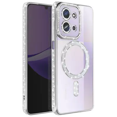 Ovitek za Redmi 15C, združljiv z MagSafe, z obrobo iz okrasnih kamnov, Srebrna