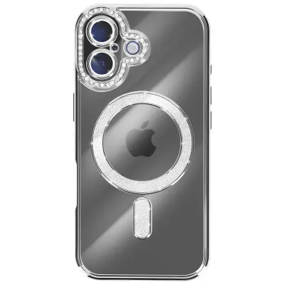 Ovitek za iPhone 17, združljiv z MagSafe, z okrasnim obodom iz kristalov, Srebrna