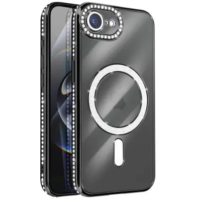 Ovitek za iPhone 16e, združljiv z MagSafe, z obrobo iz okrasnih kamnov, Črna