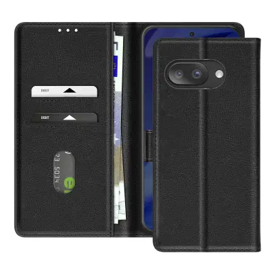 Denarnica ovitek za Google Pixel 9a serije Chesterfield z zrnatim vzorcem in funkcijo stojala, Črna