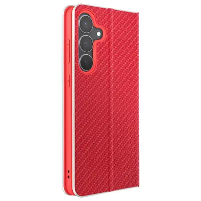 Folio torbica za Galaxy S25 FE, efekt karbona, kovinski okvir z držalom za kartice, Rdeča