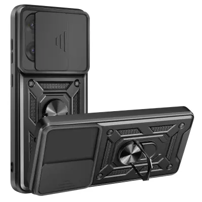 Ovitek za OnePlus Nord CE5 z obročnim stojalom in drsnim pokrovom kamere, Črna