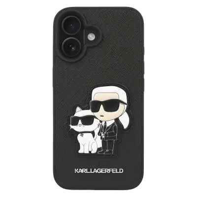 Karl Lagerfeld, Ovitek za iPhone 16, dizajn Karl in Choupette z zrnato Saffiano obdelavo, Črna