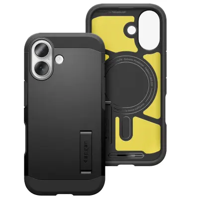 Spigen SGP, Ovitek za iPhone 17 MagSafe serija Tough Armor T MagFit z vgrajenim stojalom, Črna