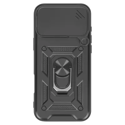 Ovitek za iPhone 17 Pro Max z obročastim stojalom in drsnim pokrovom kamere, Črna