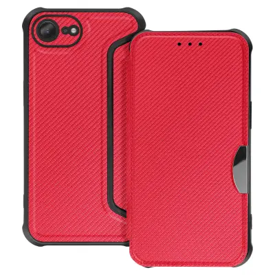 Preklopna torbica za iPhone 16e, karbonski zaključek z držalom za kartice, Rdeča