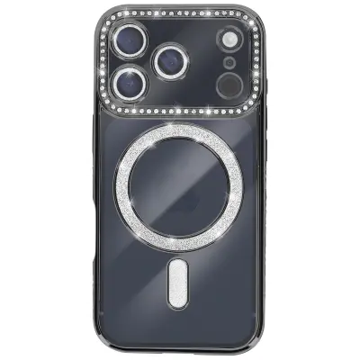 Ovitek za iPhone 17 Pro, združljiv z MagSafe, z okrasnim obrisom iz strasa, Črna