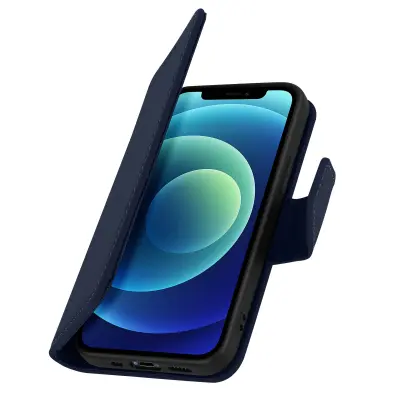 Denarnica etui za iPhone 12 Mini iz premium usnja s funkcijo stojala, Modra noč