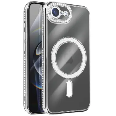 Ovitek za iPhone 16e, združljiv z MagSafe, z obrobo iz okrasnih kamnov, Srebrna