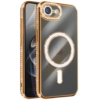 Ovitek za iPhone 16e, združljiv z MagSafe, z obrobo iz okrasnih kamnov, Zlata