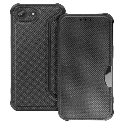 Preklopna torbica za iPhone 16e, karbonski zaključek z držalom za kartice, Črna