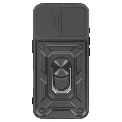 Ovitek za iPhone 17 z obročastim stojalom in drsnim pokrovom kamere, Črna