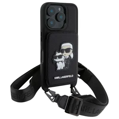 Karl Lagerfeld, Ovitek za iPhone 16 Pro s trakom in držalom za kartice, eleganten, Črna