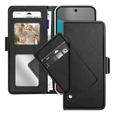 Denarnica etui za Google Pixel 10 in 10 Pro s stojalom in notranjim ogledalom, Črna