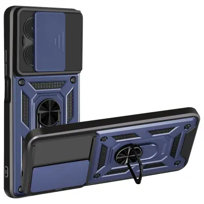 Ovitek Redmi 15C, odporen na udarce, z drsnim pokrovom kamere, kovinskim obročem in stojalom, Modra noč