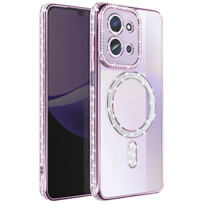 Ovitek za Redmi 15C, združljiv z MagSafe, z obrobo iz okrasnih kamnov, Vijolična