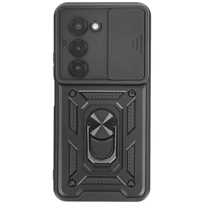 Ovitek za Redmi 15 5G z obročastim stojalom in drsnim pokrovom kamere, Črna