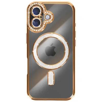Ovitek za iPhone 17, združljiv z MagSafe, z okrasnim obodom iz kristalov, Zlata