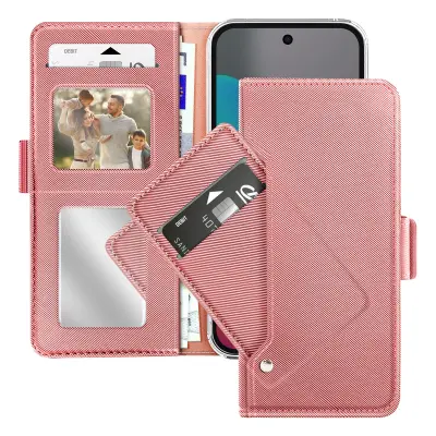 Denarnica etui za Google Pixel 10 in 10 Pro s stojalom in notranjim ogledalom, Šampanjec roza