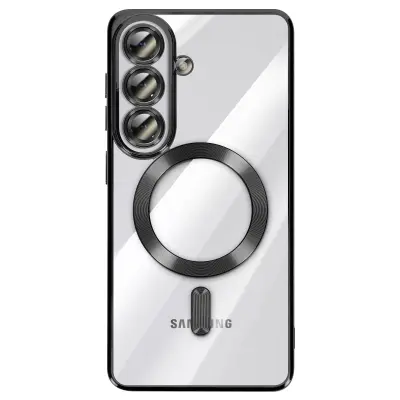 Mehko ohišje MagSafe za Galaxy S26 Plus, odporno na udarce, s kromiranim robom, Prozorno črna