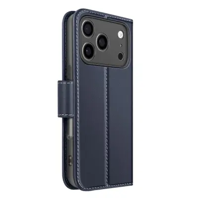 Denarnica etui za iPhone 17 Pro Max iz premium usnja s funkcijo stojala, Modra noč