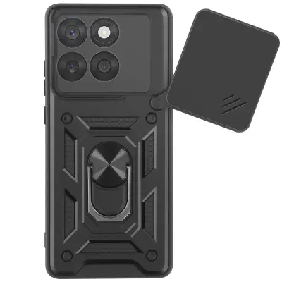 Ovitek za Motorola Edge 60 Fusion z obročastim stojalom in drsnim pokrovom kamere, Črna