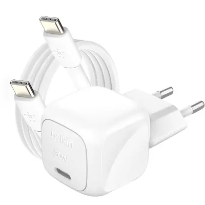 Belkin, Paket hitrega omrežnega polnilnika USB-C 30W Power Delivery in PPS z 1m kablom USB-C, Bela