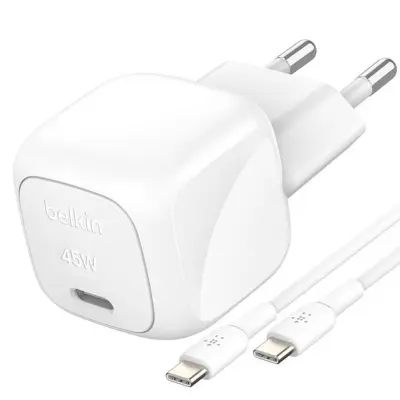 Belkin, Stenski polnilnik USB-C 45W združljiv s Power Delivery s kablom USB-C 1m, Bela