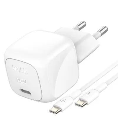 Belkin, Paket hitrega omrežnega polnilnika USB-C 20W Power Delivery in PPS z 1m kablom USB-C, Bela