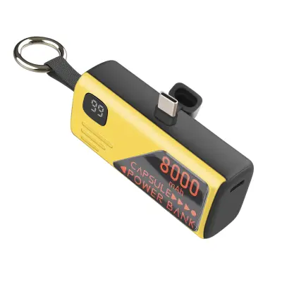 LinQ, Mini Powerbank 8000mAh z vgrajenim USB-C priključkom in formatom obeska za ključe, Črna / Rumena