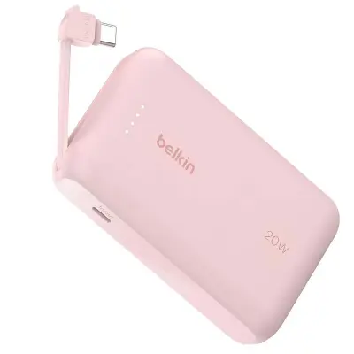 Belkin, Rezervna baterija 10000mAh 20W z vgrajenim USB-C kablom, Roza