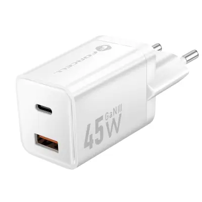 Forcell, Omrežni polnilnik 45W USB / USB-C PD / QC 4.0 Ultra-kompakten GaN III, Bela